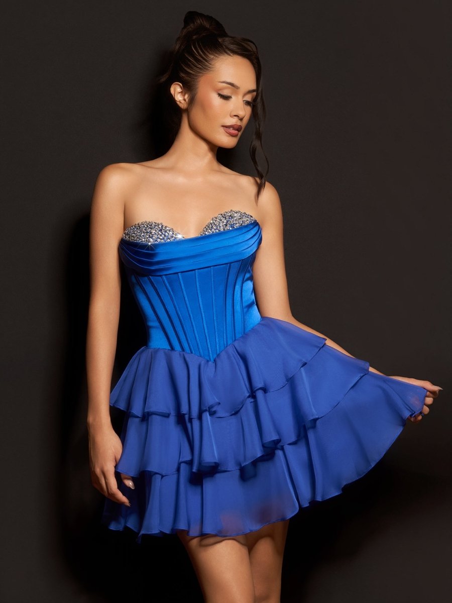 Elarae | Royal Blue - Strapless A Line Ruffles Homecoming Dress With Beading