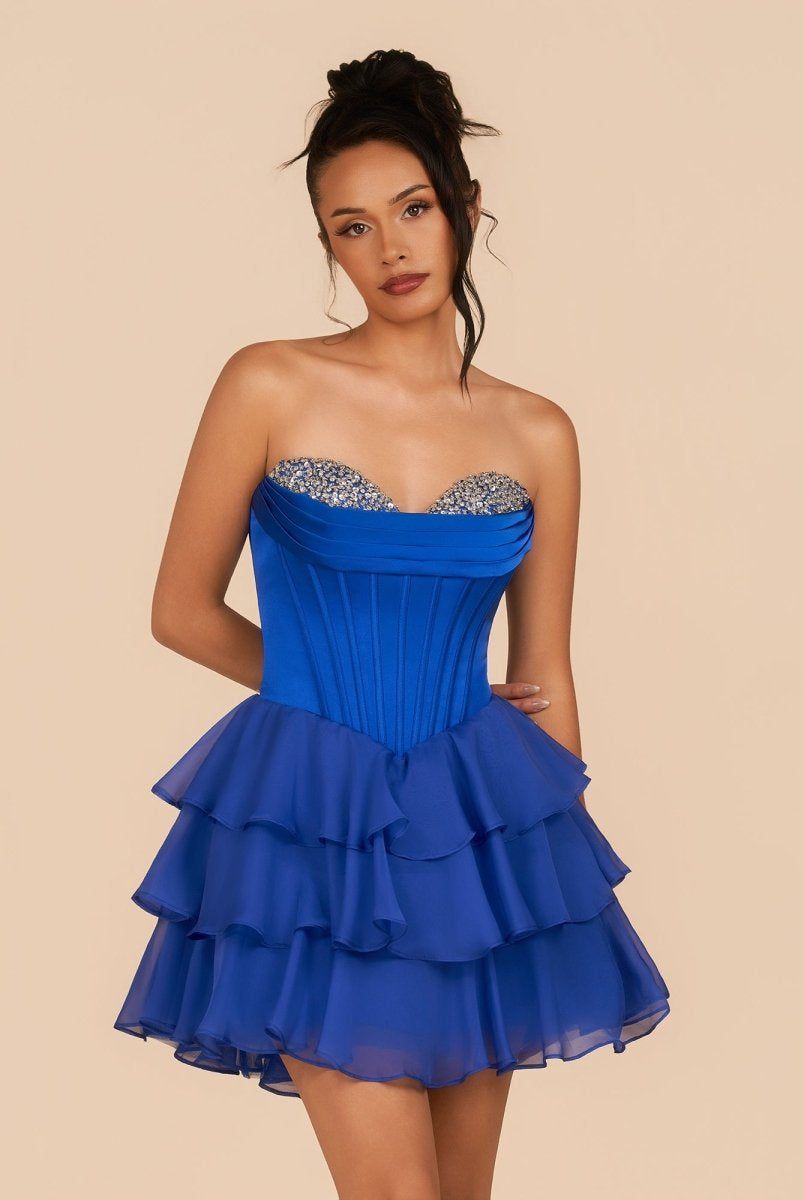 Elarae | Royal Blue - Strapless A Line Ruffles Homecoming Dress With Beading