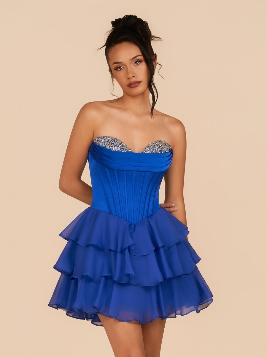 Elarae | Royal Blue - Strapless A Line Ruffles Homecoming Dress With Beading