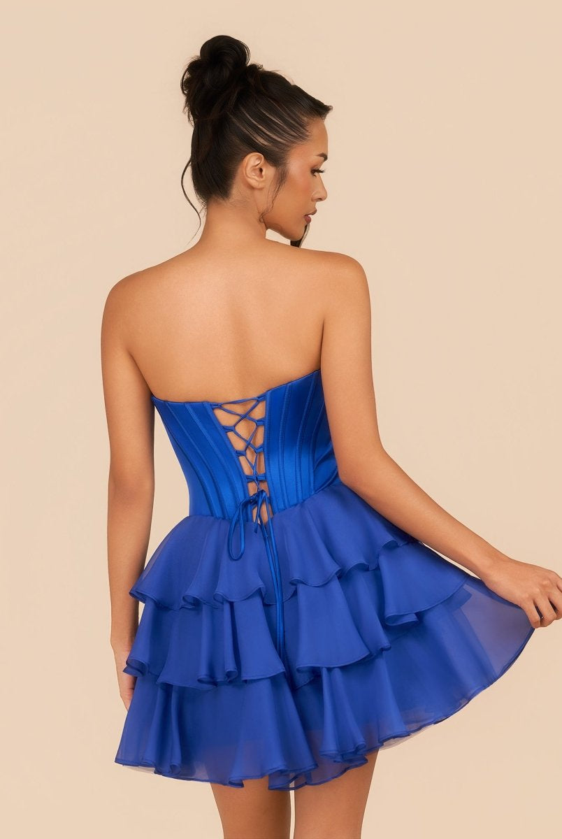 Elarae | Royal Blue - Strapless A Line Ruffles Homecoming Dress With Beading