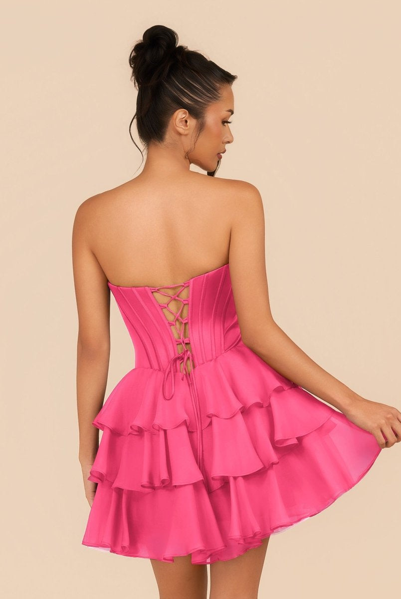 Elarae | Hot Pink - Strapless A Line Ruffles Homecoming Dress With Beading
