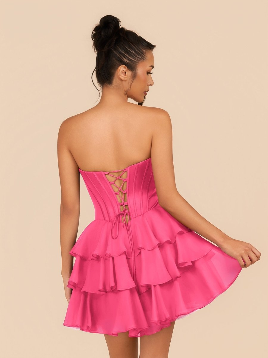 Elarae | Hot Pink - Strapless A Line Ruffles Homecoming Dress With Beading