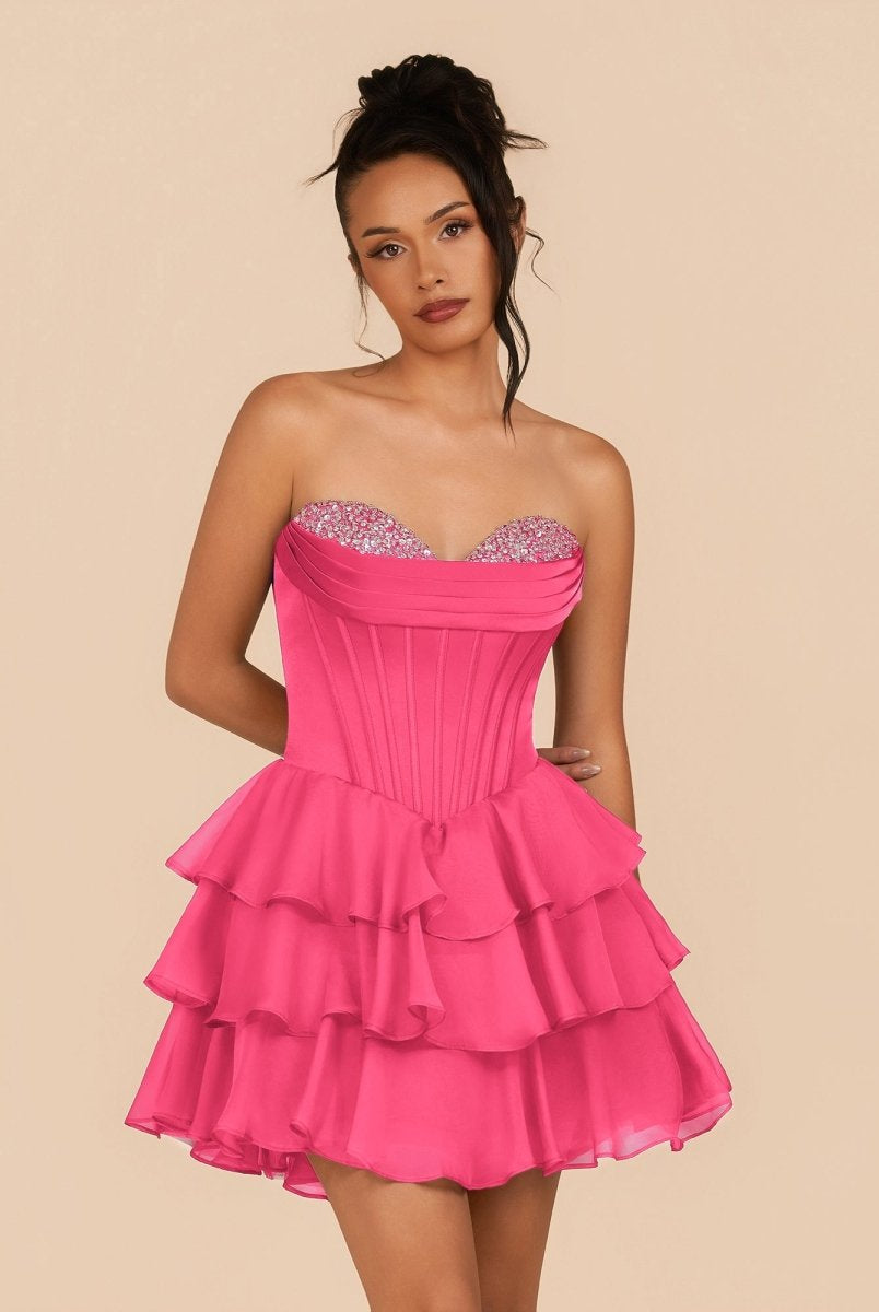 Elarae | Hot Pink - Strapless A Line Ruffles Homecoming Dress With Beading