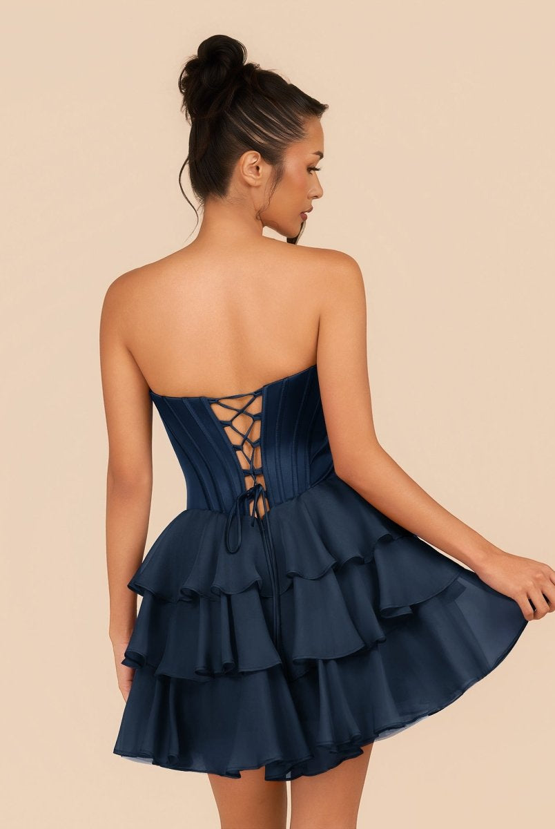 Elarae | Navy Blue - Strapless A Line Ruffles Homecoming Dress With Beading - KissProm