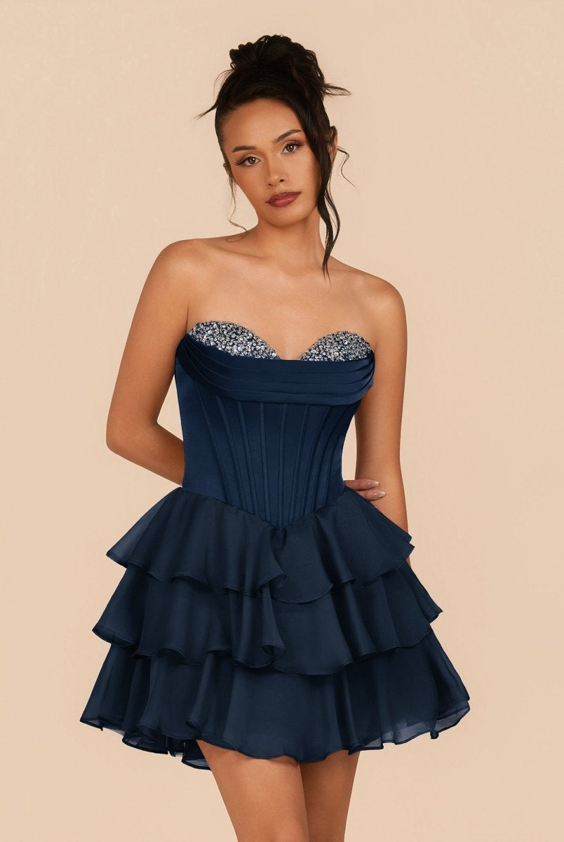 Elarae | Navy Blue - Strapless A Line Ruffles Homecoming Dress With Beading - KissProm