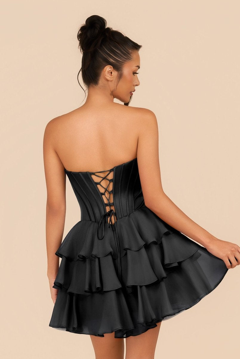 Elarae | Black - Strapless A Line Ruffles Homecoming Dress With Beading