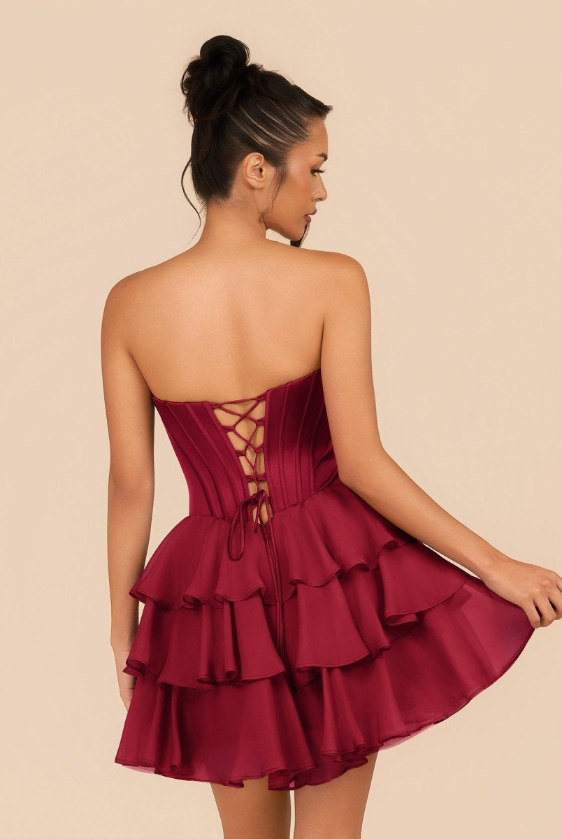 Elarae | Burgundy - Strapless A Line Ruffles Homecoming Dress With Beading - KissProm