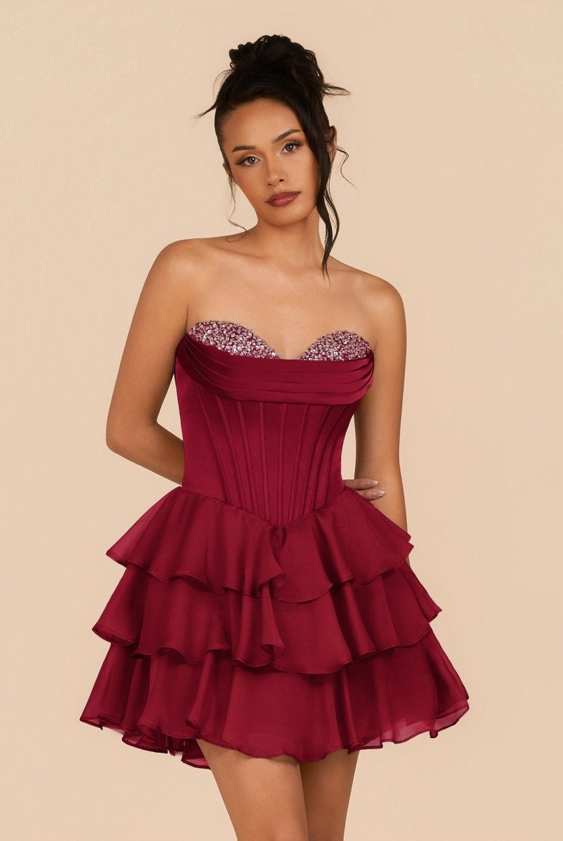 Elarae | Burgundy - Strapless A Line Ruffles Homecoming Dress With Beading - KissProm