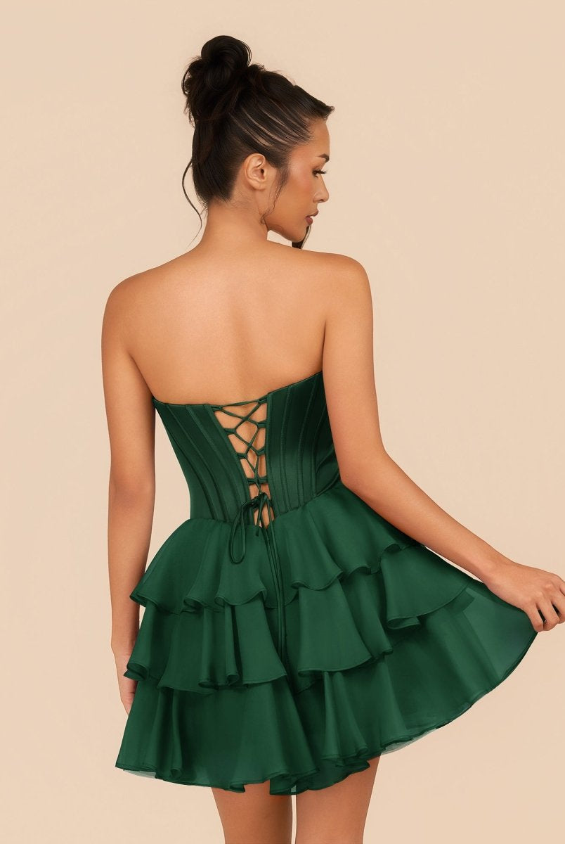 Elarae | Dark Green - Strapless A Line Ruffles Homecoming Dress With Beading - KissProm