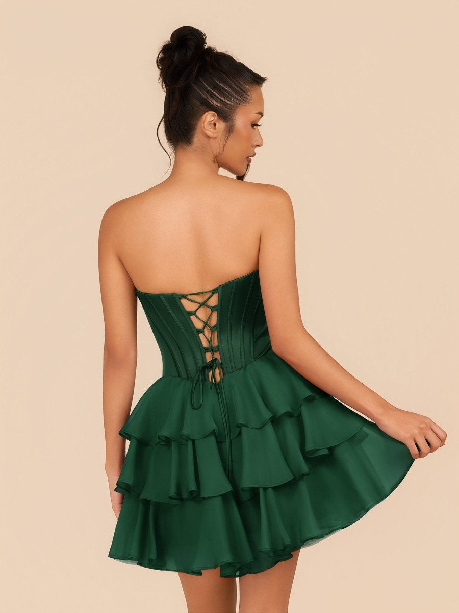 Elarae | Dark Green - Strapless A Line Ruffles Homecoming Dress With Beading - KissProm