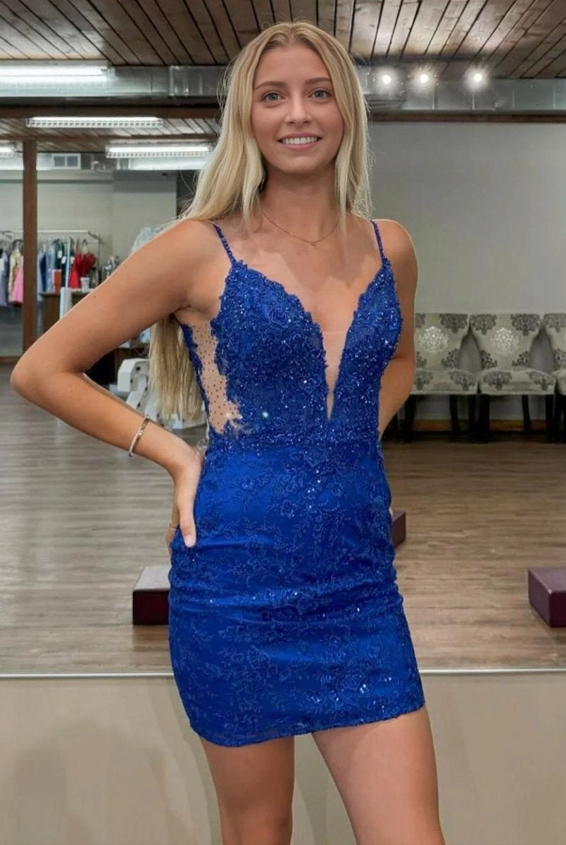 Elaraine | Royal Blue - V Neck Bodycon Sequins Short Homecoming Dresses With Appliques