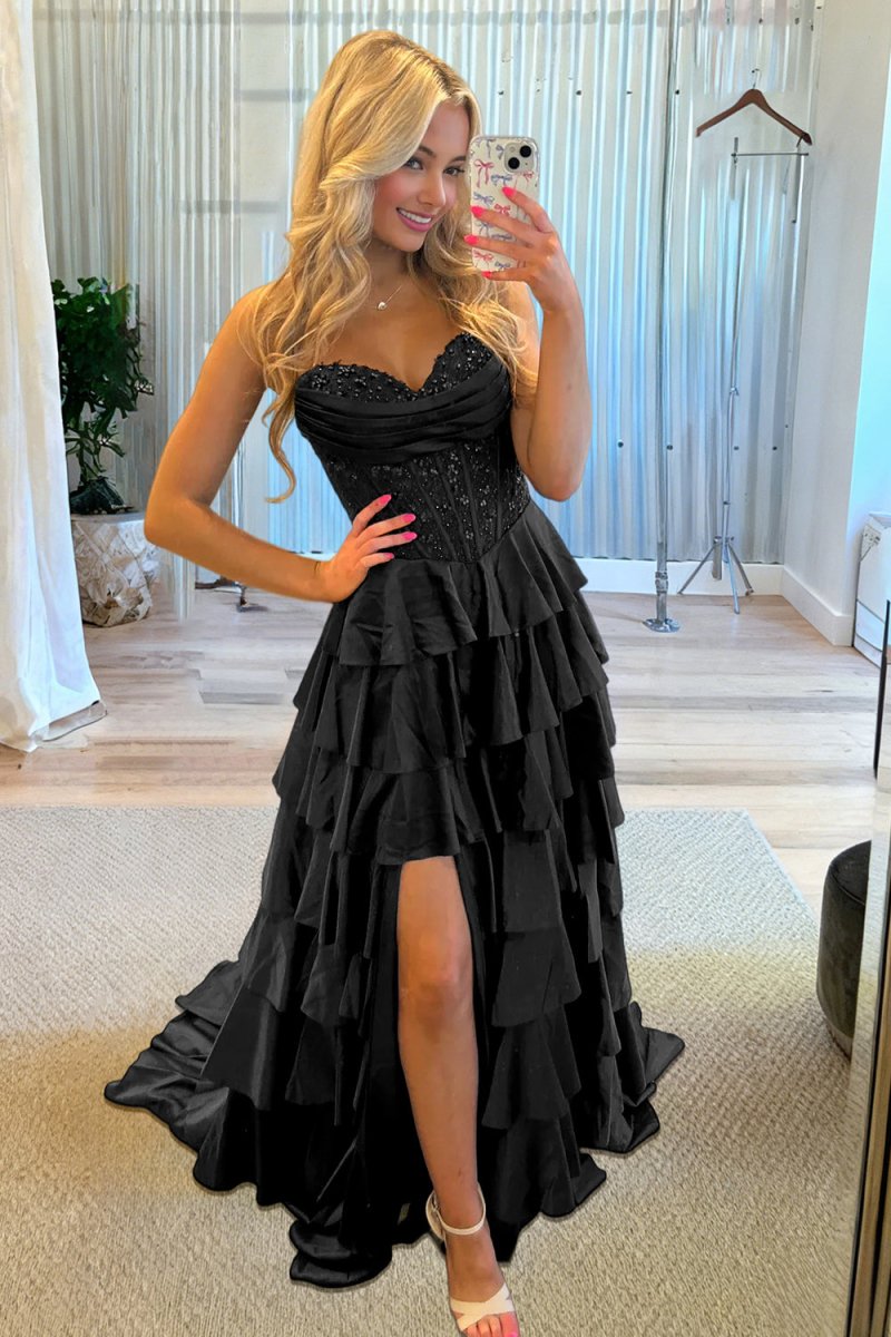 Elaria | Black - Sweetheart A Line Satin Appliqued Prom Dresses With Ruffles - KissProm