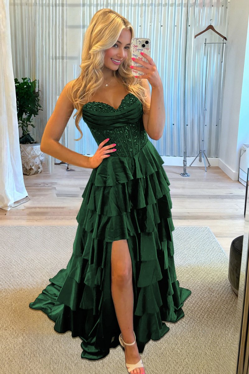 Elaria | Dark Green - Sweetheart A Line Satin Appliqued Prom Dresses With Ruffles - KissProm