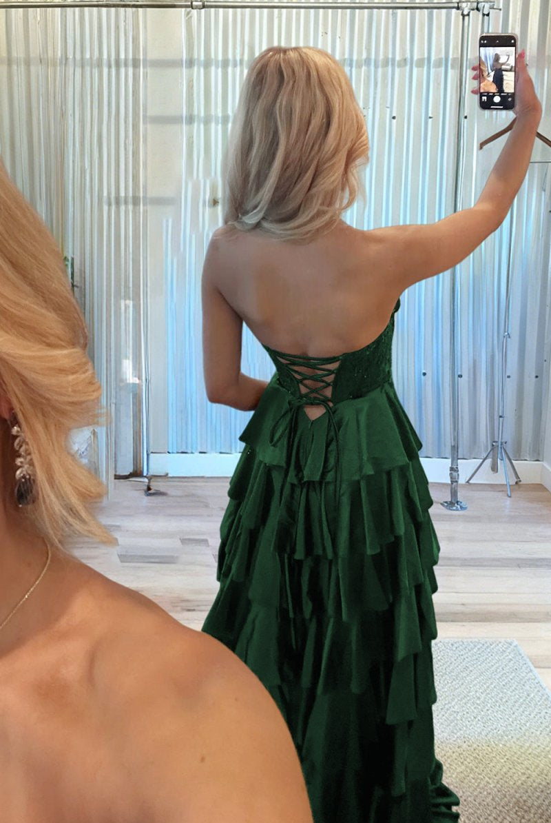 Elaria | Dark Green - Sweetheart A Line Satin Appliqued Prom Dresses With Ruffles - KissProm