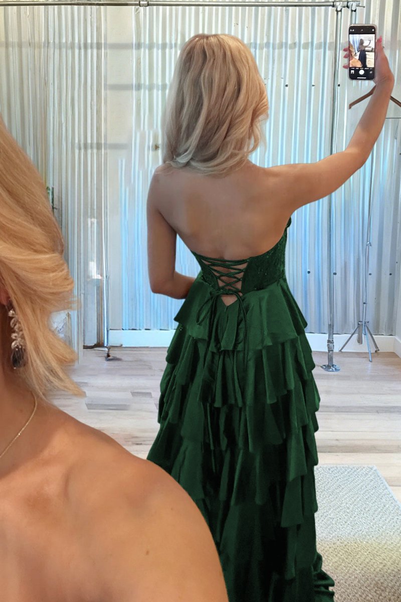 Elaria | Dark Green - Sweetheart A Line Satin Appliqued Prom Dresses With Ruffles - KissProm