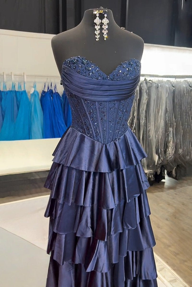 Elaria | Navy Blue - Sweetheart A Line Satin Appliqued Prom Dresses With Ruffles - KissProm