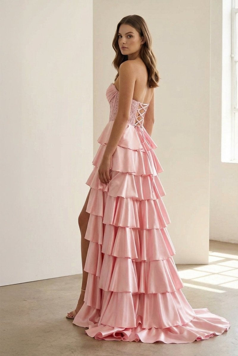 Elaria | Pink - Sweetheart A Line Satin Appliqued Prom Dresses With Ruffles - KissProm