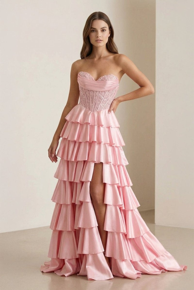 Elaria | Pink - Sweetheart A Line Satin Appliqued Prom Dresses With Ruffles - KissProm