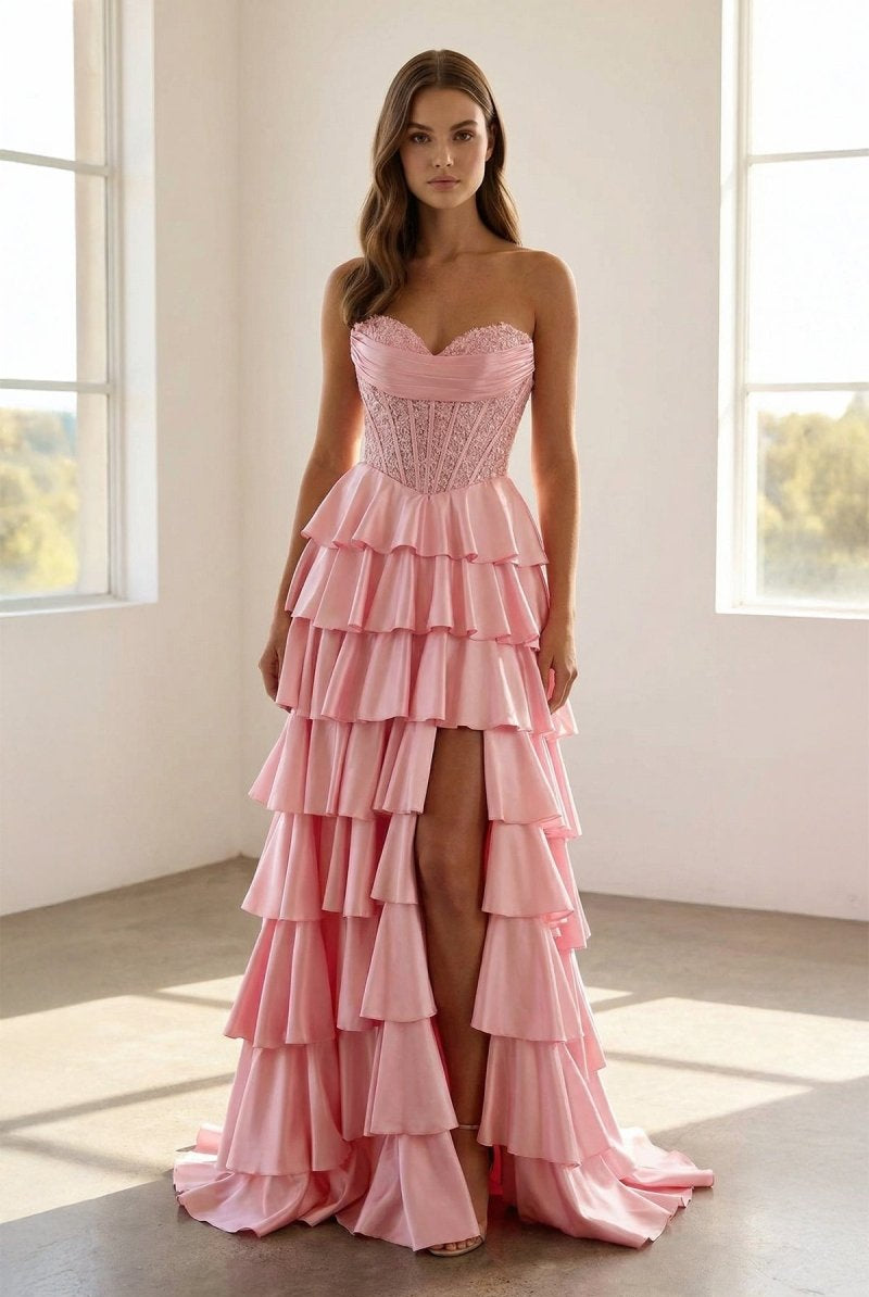 Elaria | Pink - Sweetheart A Line Satin Appliqued Prom Dresses With Ruffles - KissProm