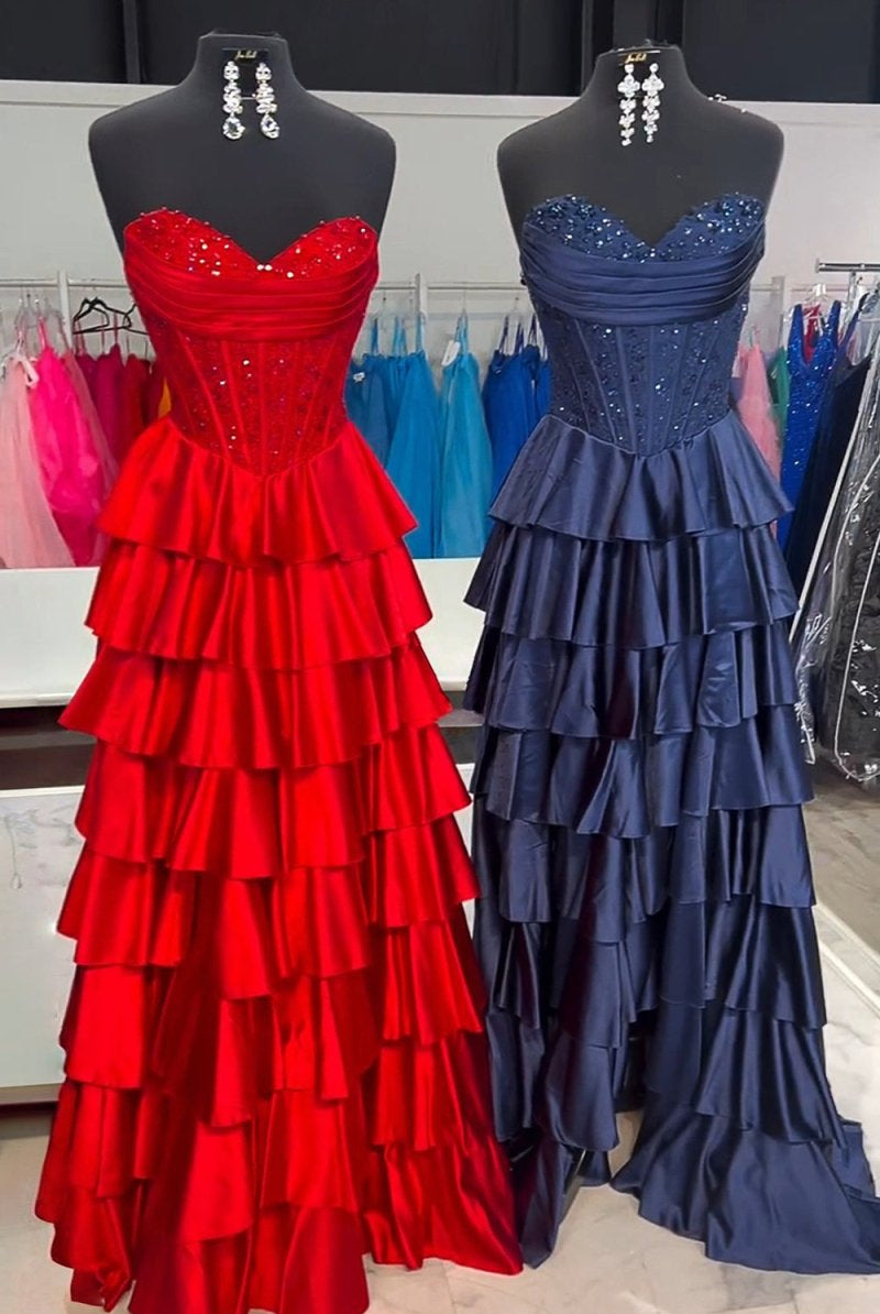 Elaria | Red - Sweetheart A Line Satin Appliqued Prom Dresses With Ruffles - KissProm