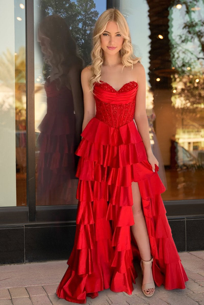 Elaria | Red - Sweetheart A Line Satin Appliqued Prom Dresses With Ruffles - KissProm