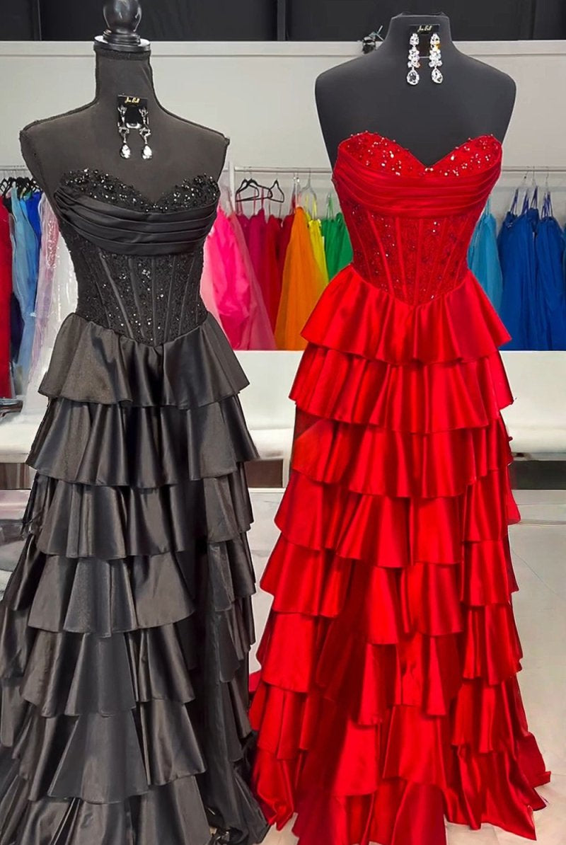 Elaria | Red - Sweetheart A Line Satin Appliqued Prom Dresses With Ruffles - KissProm