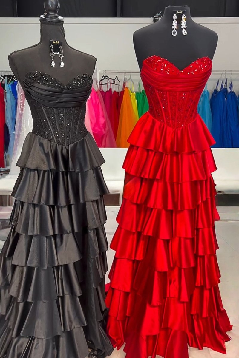 Elaria | Red - Sweetheart A Line Satin Appliqued Prom Dresses With Ruffles - KissProm