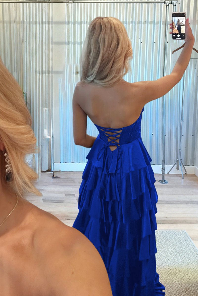 Elaria | Royal Blue - Sweetheart A Line Satin Appliqued Prom Dresses With Ruffles - KissProm