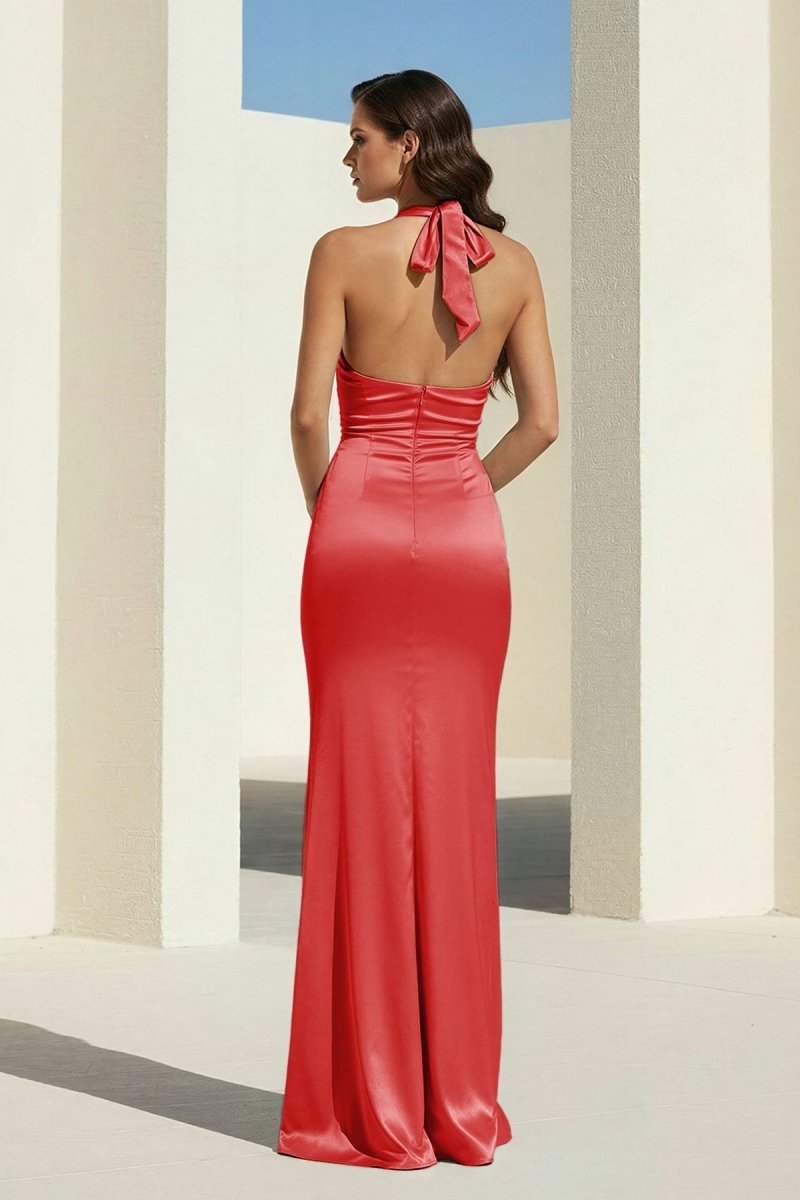 Elarin | Red - Halter Satin Mermaid Open Back Long Formal Prom Dresses - KissProm
