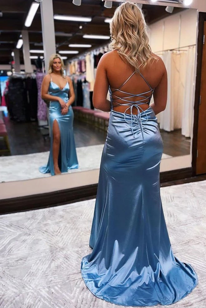 Allie |Mermaid Spaghetti Straps Satin Prom Dress with Slit