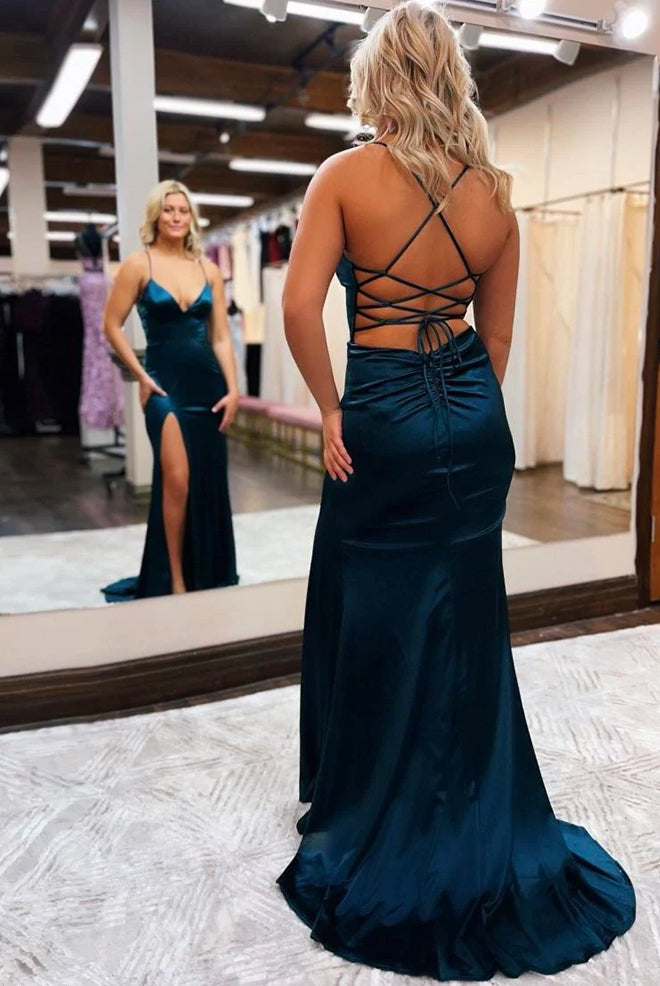 Allie |Mermaid Spaghetti Straps Satin Prom Dress with Slit