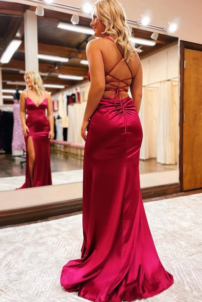 Allie |Mermaid Spaghetti Straps Satin Prom Dress with Slit