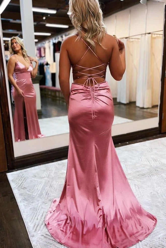 Allie |Mermaid Spaghetti Straps Satin Prom Dress with Slit