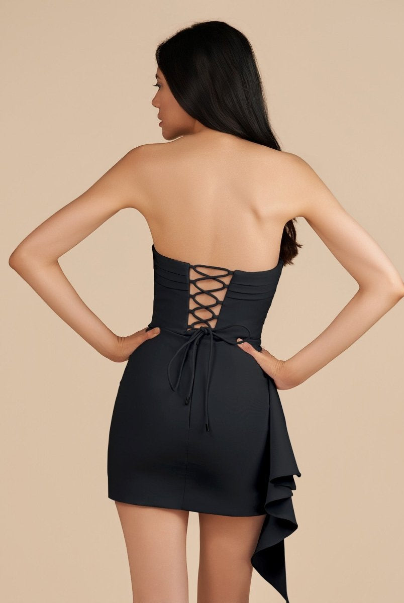 Eldona | Black - Strapless Spandex Bodycon Homecoming Dress With Slit