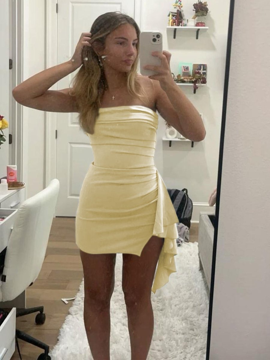 Eldona | Yellow - Strapless Spandex Bodycon Homecoming Dress With Slit