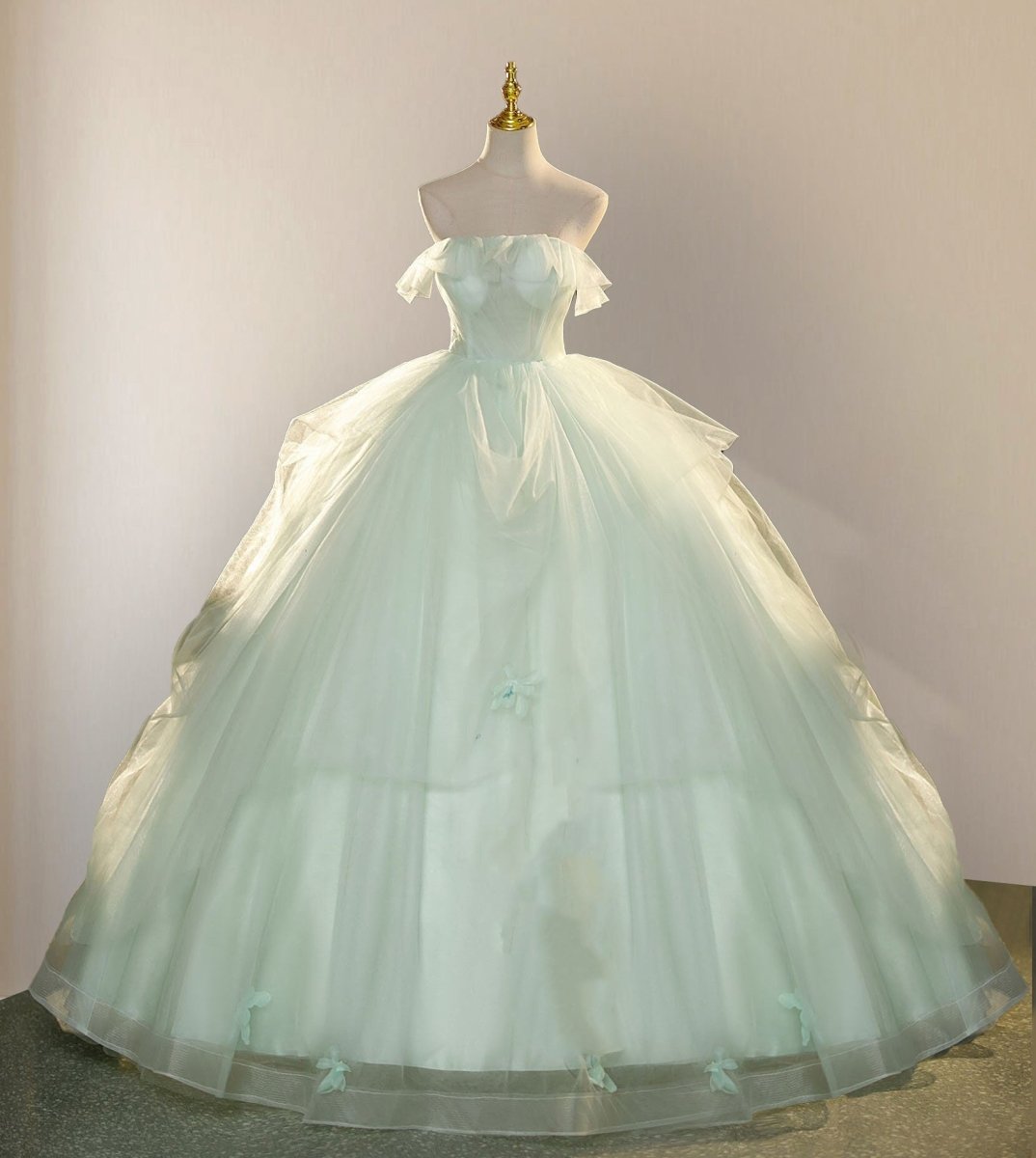 Unique Sage Green Tiered Tulle Ball Gown Dress For Prom  Y4500