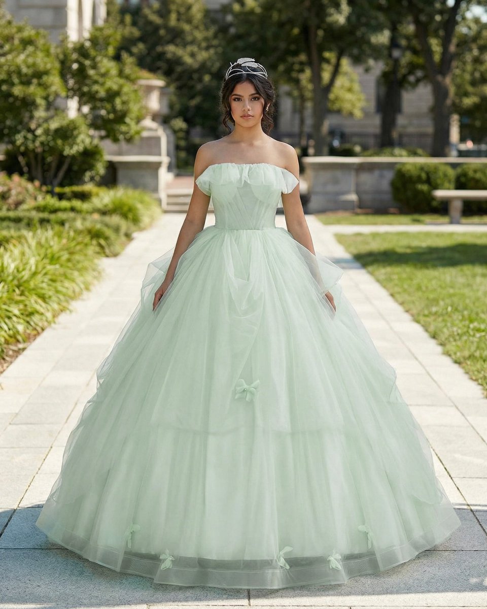 Elegant 3D Flowery Sage Green Tulle Fairy Ball Gown, Sage Green / 4 Elegant 3D Flowery Sage Green Tulle Fairy Ball Gown, Sage Green / 4