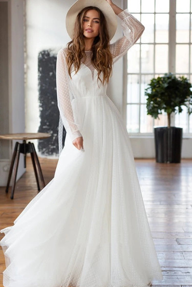 Elegant A Line Chiffon Bateau Long Sleeve Wedding Dress with Beading