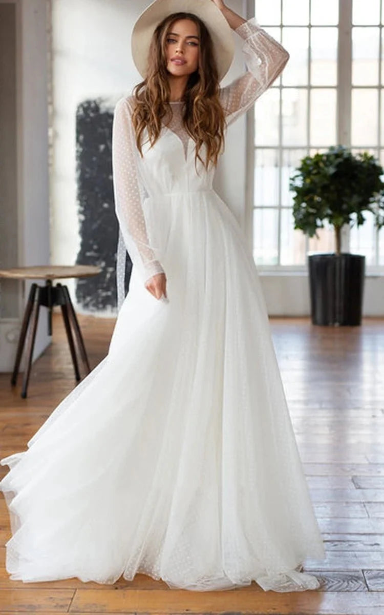 Elegant A Line Chiffon Bateau Long Sleeve Wedding Dress with Beading Elegant A Line Chiffon Bateau Long Sleeve Wedding Dress with Beading