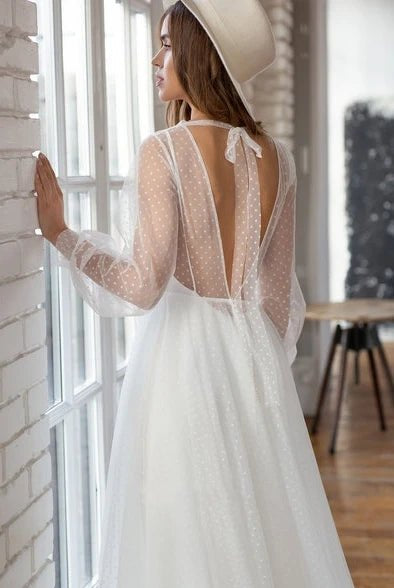 Elegant A Line Chiffon Bateau Long Sleeve Wedding Dress with Beading
