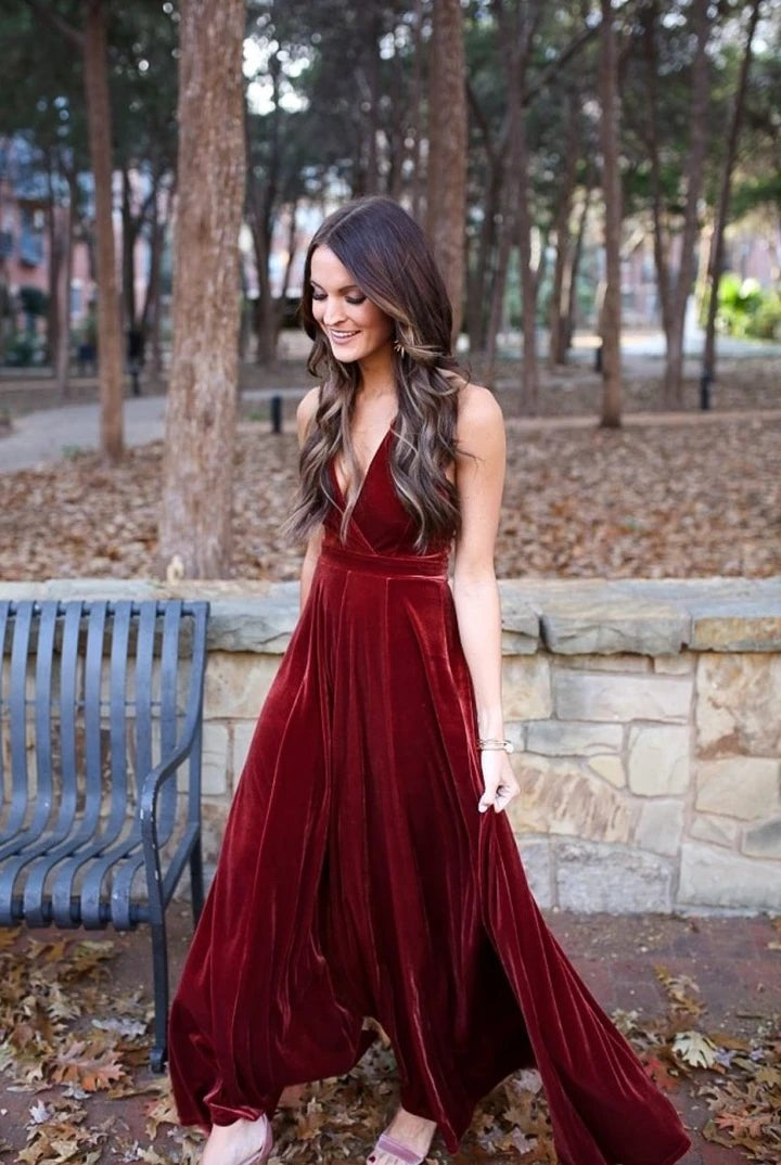 Elegant A-Line Halter Backless Burgundy Velvet Long Bridesmaid Dresses Prom Gown