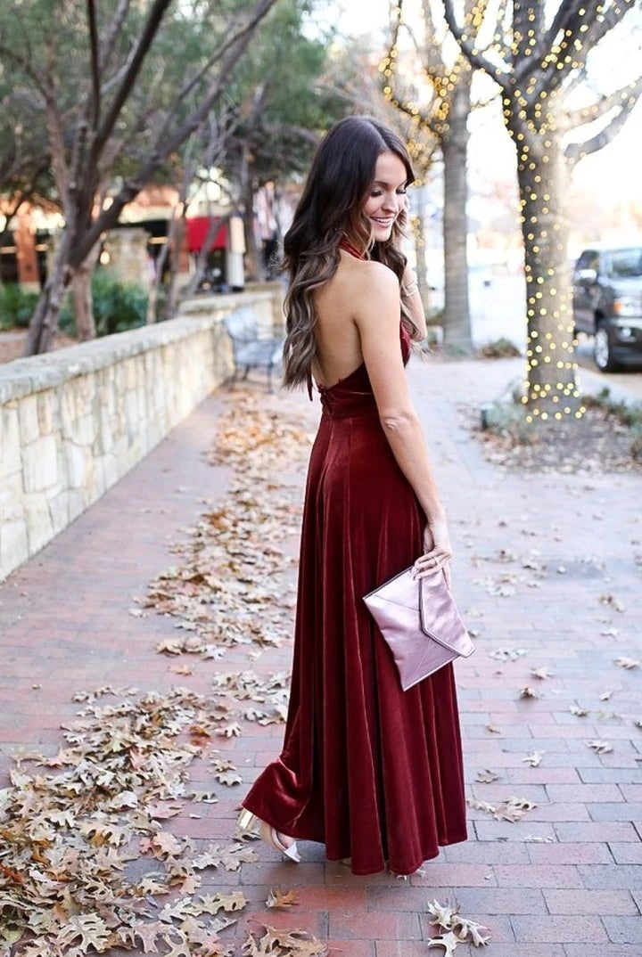 Elegant A-Line Halter Backless Burgundy Velvet Long Bridesmaid Dresses Prom Gown