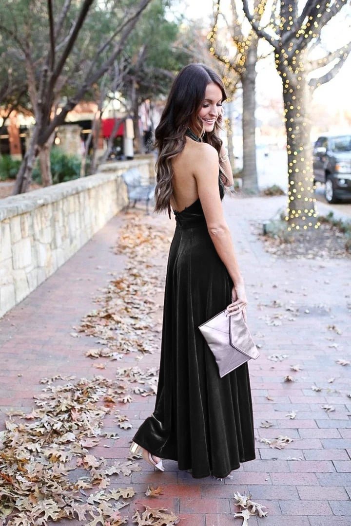 Elegant A-Line Halter Backless Burgundy Velvet Long Bridesmaid Dresses Prom Gown