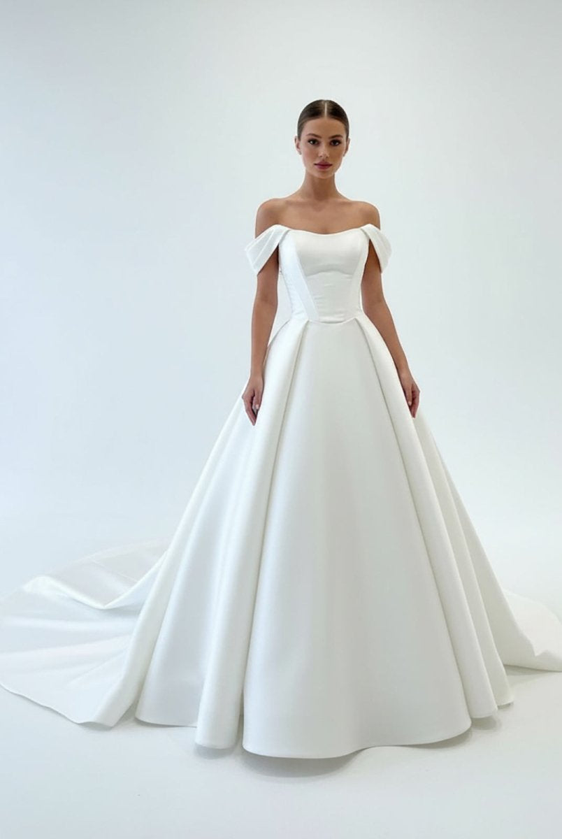 Elly | Elegant A - Line Off the Shoulder White Satin Wedding Dresses - KissProm