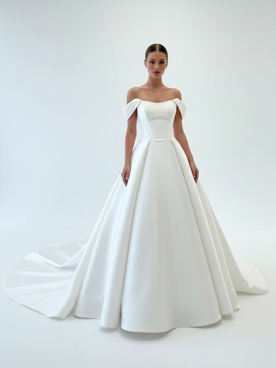 Elly | Elegant A - Line Off the Shoulder White Satin Wedding Dresses - KissProm