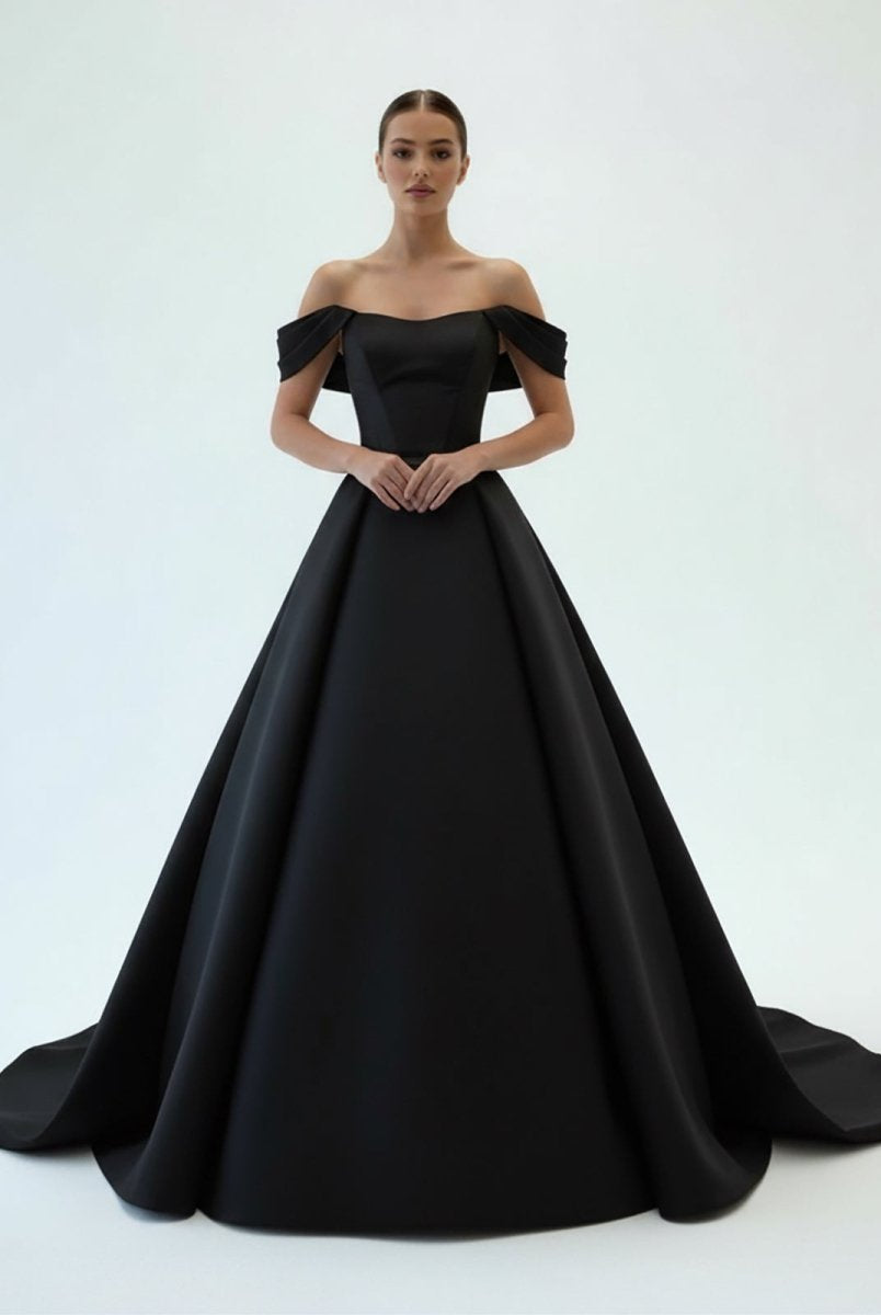 Elly | Elegant A - Line Off the Shoulder White Satin Wedding Dresses - KissProm