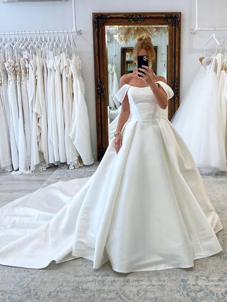 Elly | Elegant A - Line Off the Shoulder White Satin Wedding Dresses - KissProm