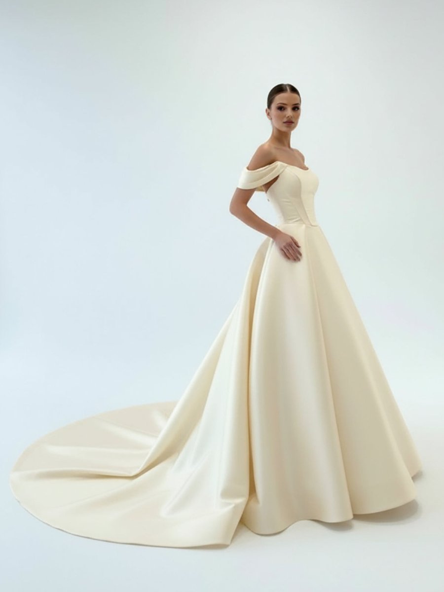 Elly | Elegant A - Line Off the Shoulder White Satin Wedding Dresses - KissProm