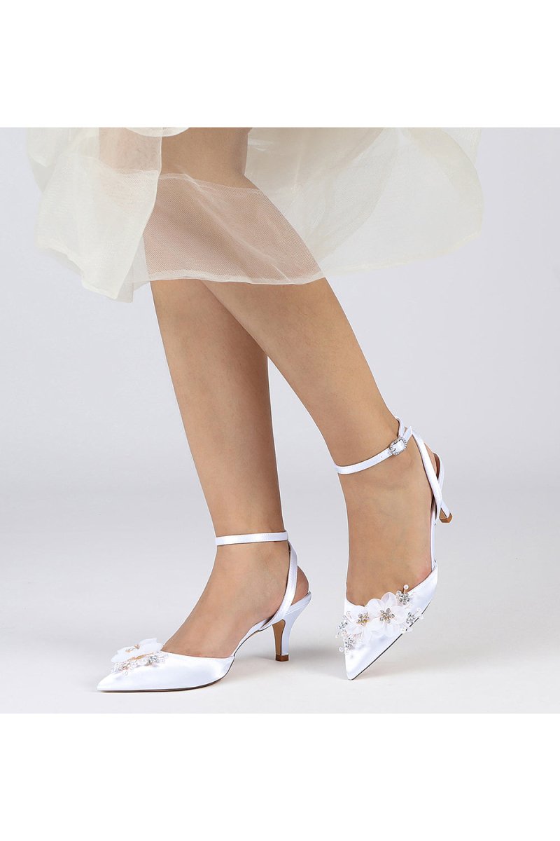 Elegant Ankle Strap Pointed Toe High Heels with Rhinestone Flower - KissProm
