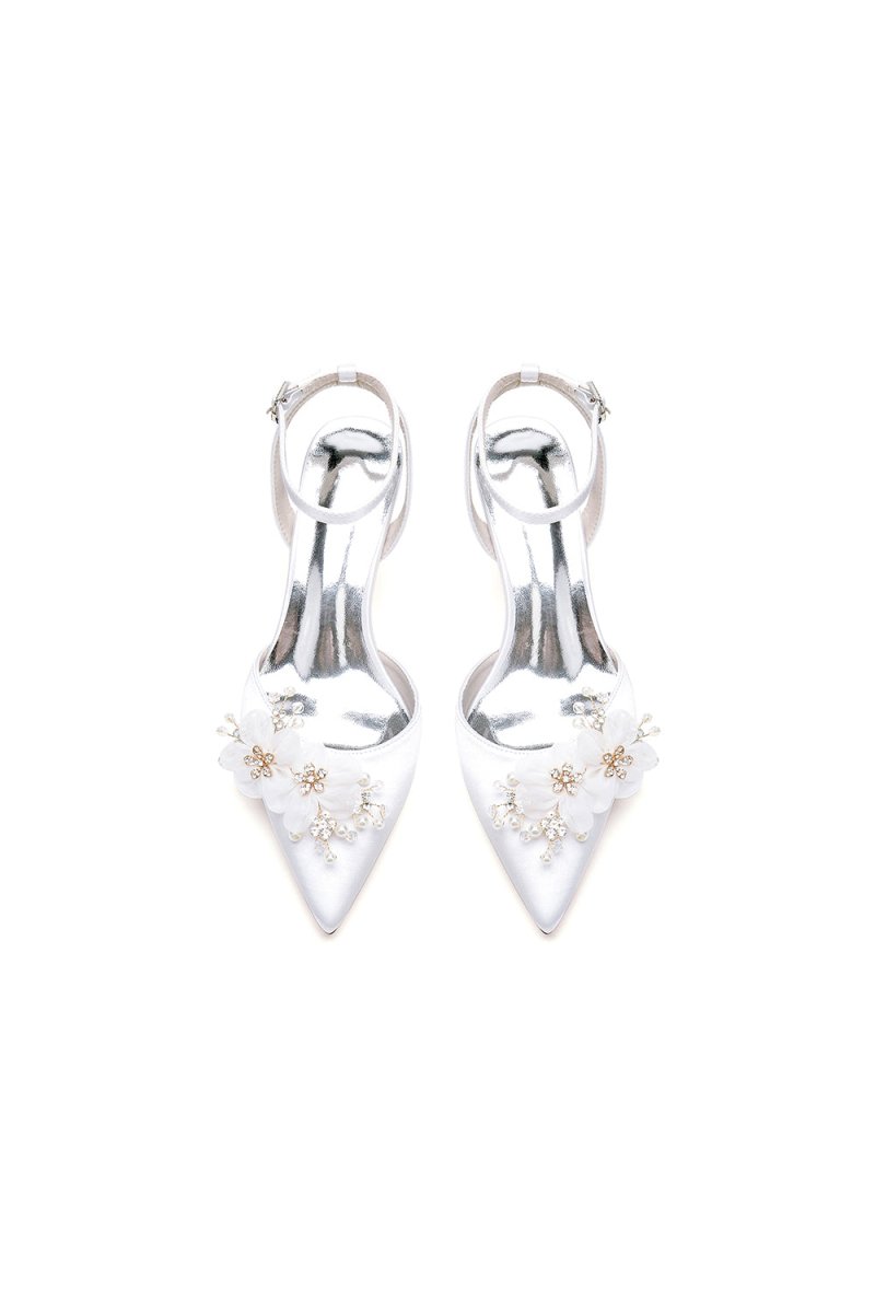Elegant Ankle Strap Pointed Toe High Heels with Rhinestone Flower - KissProm
